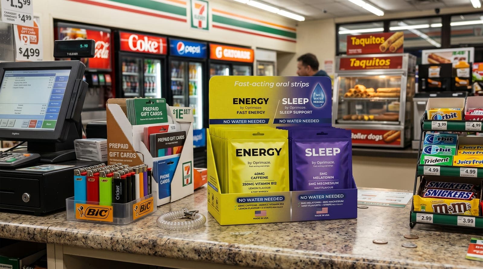 Oprimaze Energy and Sleep countertop display box at a convenience-store checkout, beside the gum, lighters and candy