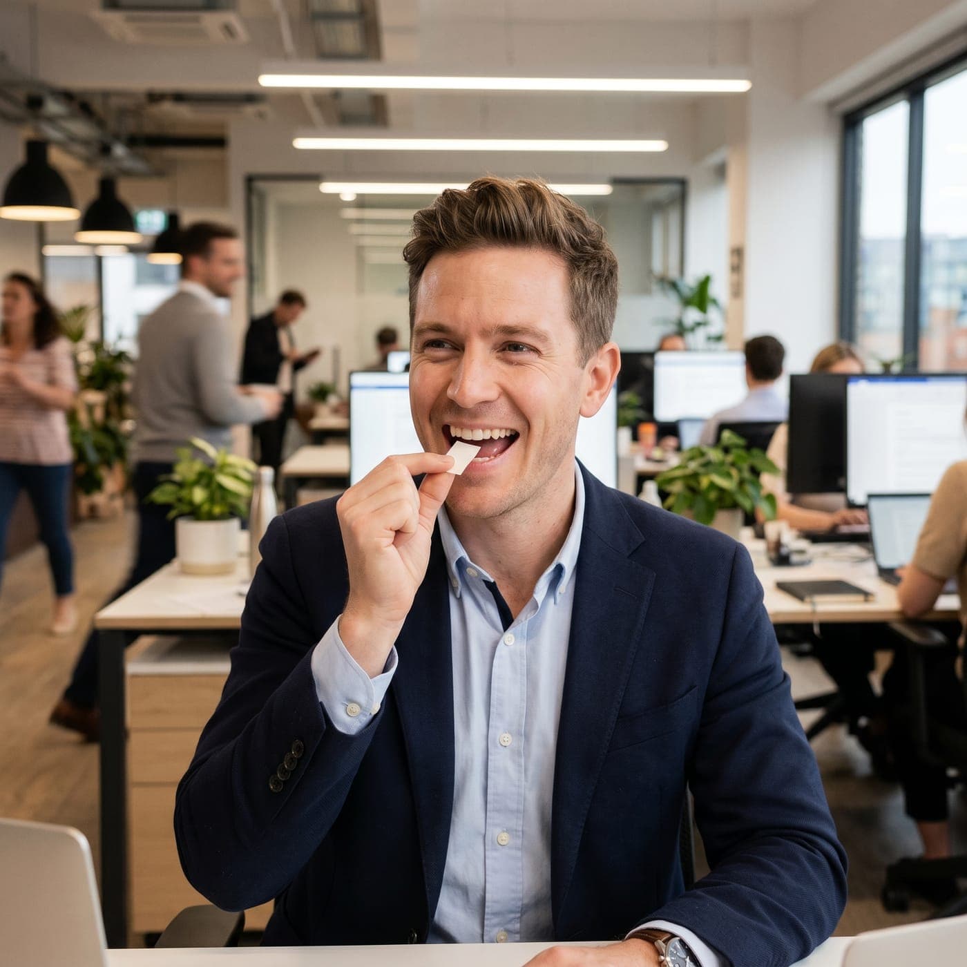 A professional taking an Oprimaze Energy strip at his desk in a busy office