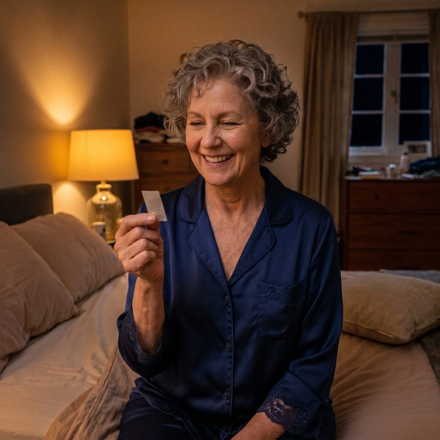A woman taking an Oprimaze Sleep strip at her bedside at night
