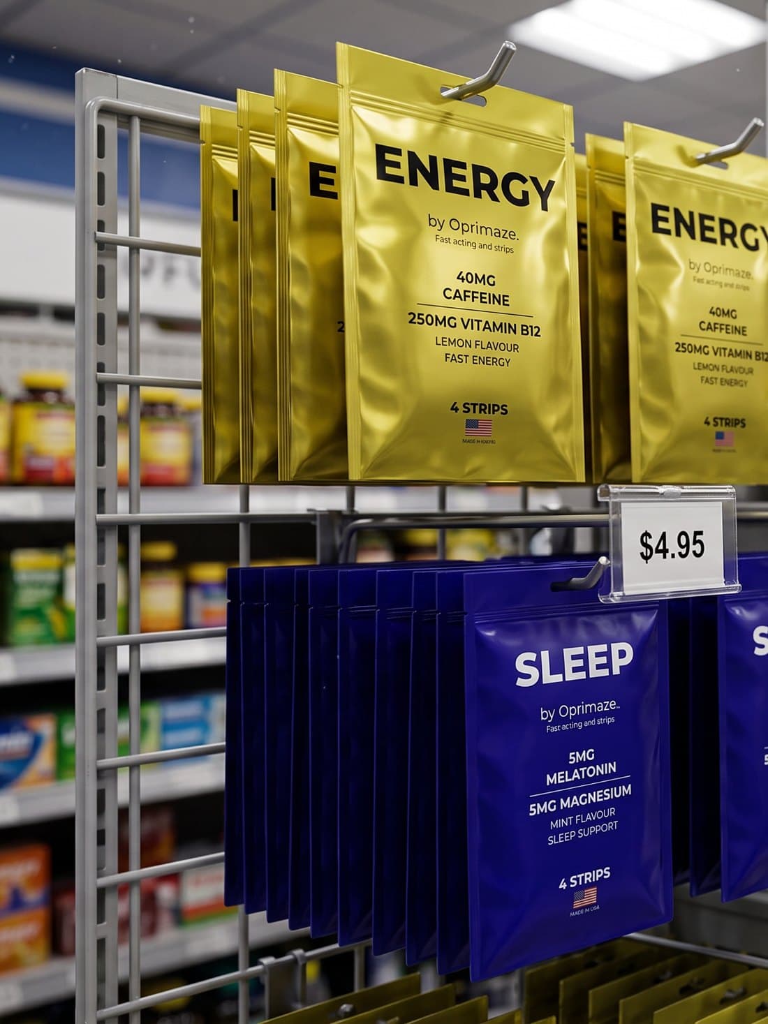 Oprimaze Energy and Sleep oral strips merchandised on a clip strip in the health and wellness aisle